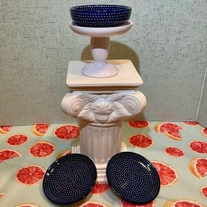 POLISH POTTERY COBALT AND WHITE TINY DOTS Petite Dish and TWO Coasters Set 1123